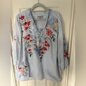 JOHNNY WAS Embroidered heavily,  Long sleeve cotton top , lightweight Sz 2X